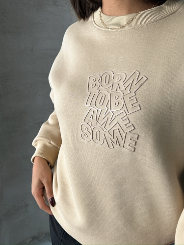 SWT-14272 Vizon Born Kabartma Tasarım Yazı Baskılı Üç İplik Şardonlu Oversize Sweatshirt - 3