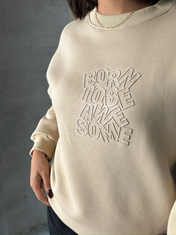 SWT-14272 Vizon Born Kabartma Tasarım Yazı Baskılı Üç İplik Şardonlu Oversize Sweatshirt - 3