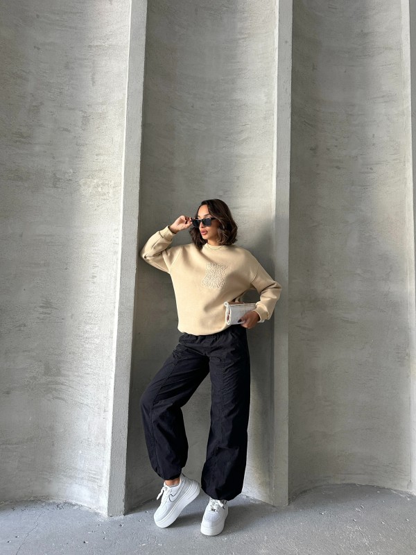 SWT-14272 Vizon Born Kabartma Tasarım Yazı Baskılı Üç İplik Şardonlu Oversize Sweatshirt - 4