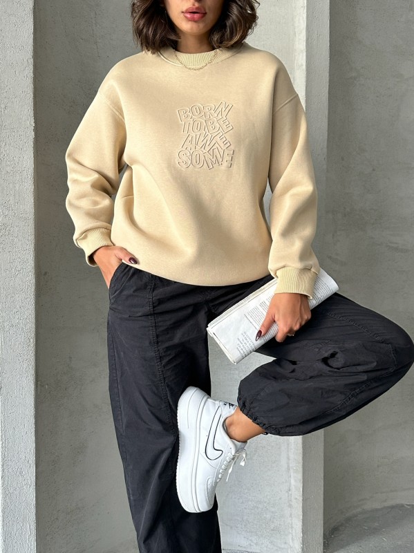 SWT-14272 Vizon Born Kabartma Tasarım Yazı Baskılı Üç İplik Şardonlu Oversize Sweatshirt - 5