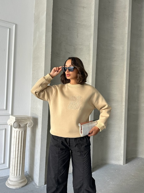 SWT-14272 Vizon Born Kabartma Tasarım Yazı Baskılı Üç İplik Şardonlu Oversize Sweatshirt - 1