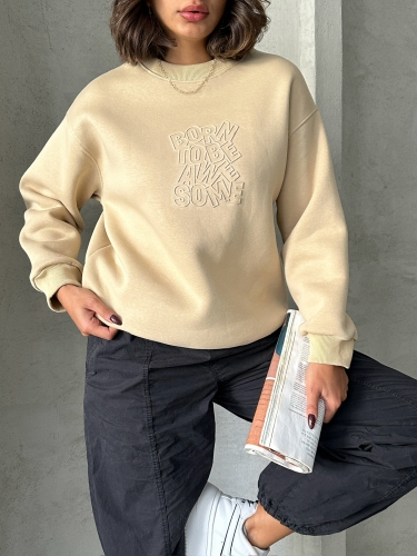 SWT-14272 Vizon Born Kabartma Tasarım Yazı Baskılı Üç İplik Şardonlu Oversize Sweatshirt - 2