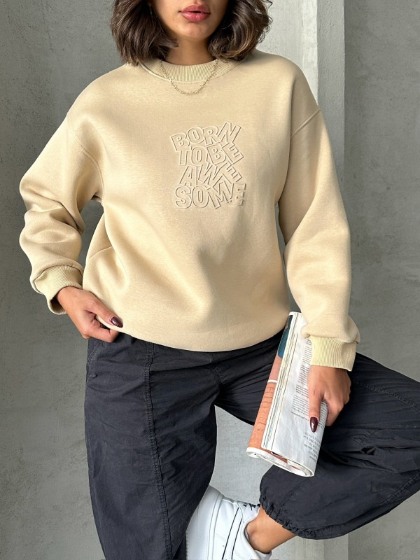 SWT-14272 Vizon Born Kabartma Tasarım Yazı Baskılı Üç İplik Şardonlu Oversize Sweatshirt - 2