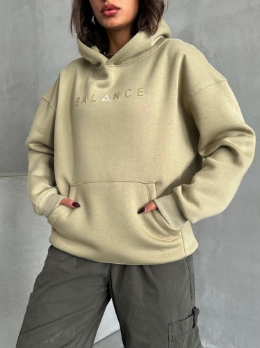 SWT-14273 Haki Balance Kabartma Yazı Baskılı Kapüşonlu Üç İplik Şardonlu Sweatshirt - 2