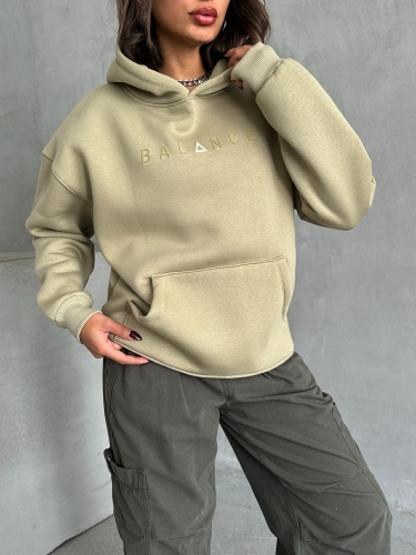 SWT-14273 Haki Balance Kabartma Yazı Baskılı Kapüşonlu Üç İplik Şardonlu Sweatshirt - 5