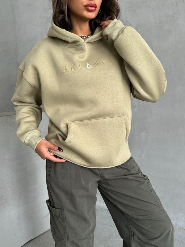 SWT-14273 Haki Balance Kabartma Yazı Baskılı Kapüşonlu Üç İplik Şardonlu Sweatshirt - 5