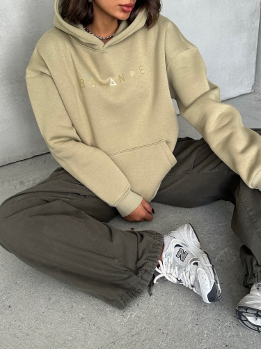 SWT-14273 Haki Balance Kabartma Yazı Baskılı Kapüşonlu Üç İplik Şardonlu Sweatshirt - 3
