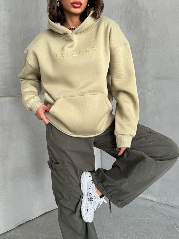 SWT-14273 Haki Balance Kabartma Yazı Baskılı Kapüşonlu Üç İplik Şardonlu Sweatshirt - 7