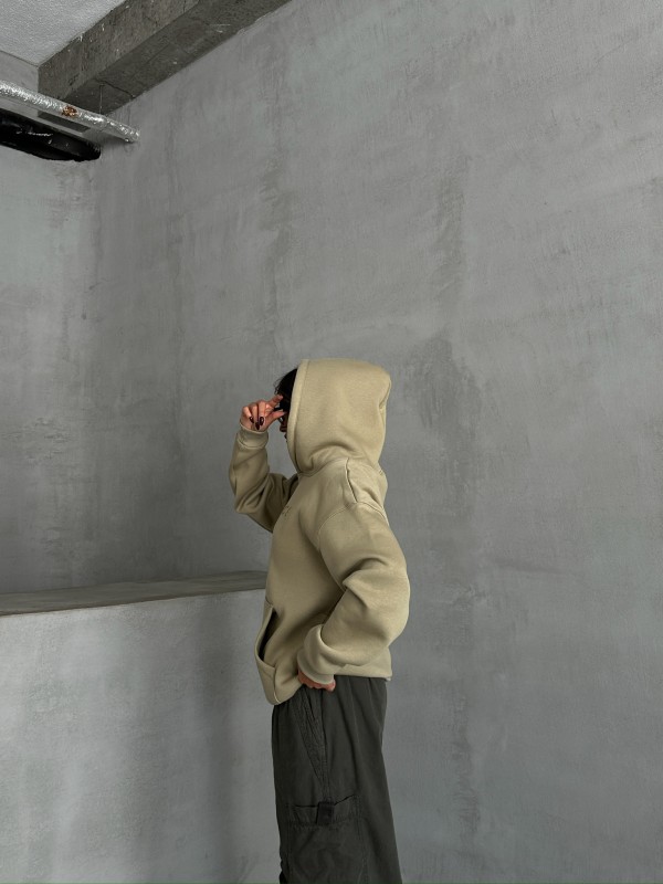 SWT-14273 Haki Balance Kabartma Yazı Baskılı Kapüşonlu Üç İplik Şardonlu Sweatshirt - 6