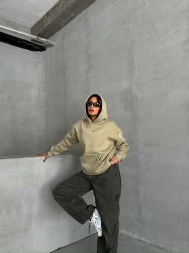 SWT-14273 Haki Balance Kabartma Yazı Baskılı Kapüşonlu Üç İplik Şardonlu Sweatshirt - 4