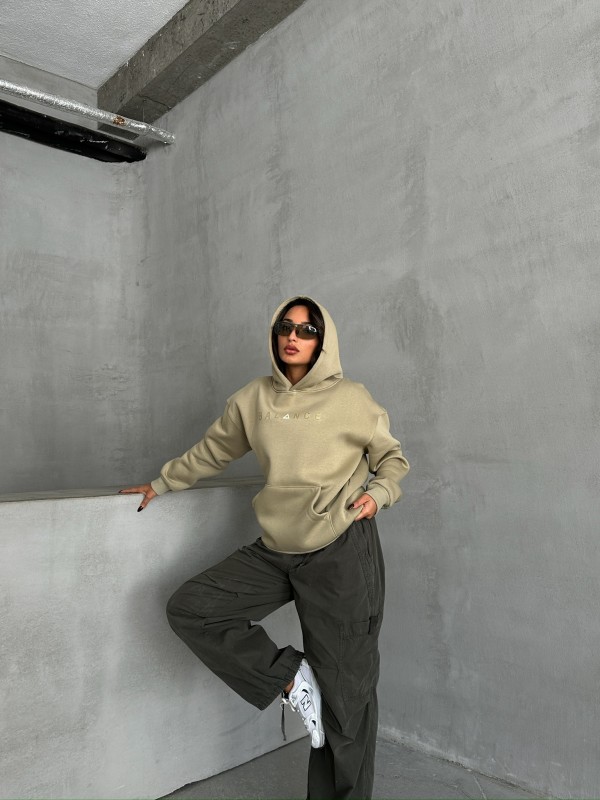 SWT-14273 Haki Balance Kabartma Yazı Baskılı Kapüşonlu Üç İplik Şardonlu Sweatshirt - 4