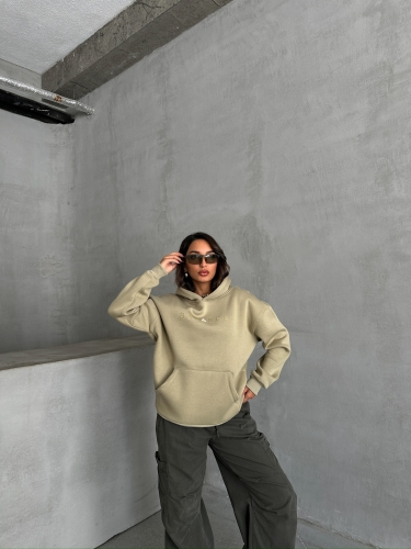 SWT-14273 Haki Balance Kabartma Yazı Baskılı Kapüşonlu Üç İplik Şardonlu Sweatshirt - 1