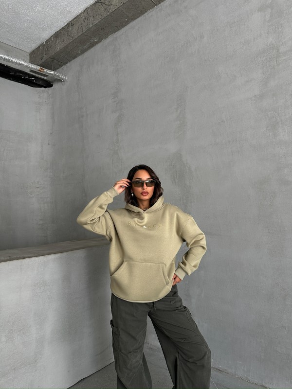 SWT-14273 Haki Balance Kabartma Yazı Baskılı Kapüşonlu Üç İplik Şardonlu Sweatshirt - 1