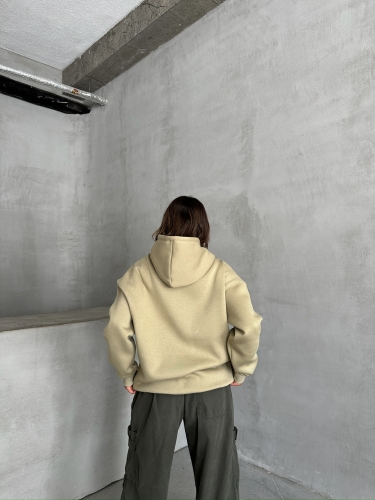 SWT-14273 Haki Balance Kabartma Yazı Baskılı Kapüşonlu Üç İplik Şardonlu Sweatshirt - 9