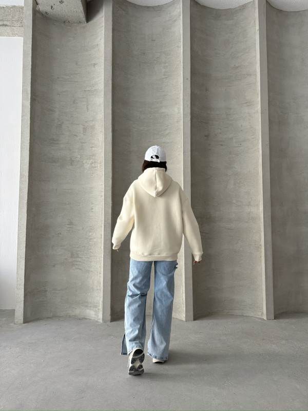 SWT-14274 Ekru Kol Etiket Detaylı Kapüşonlu Üç İplik Şardonlu Sweatshirt - 8