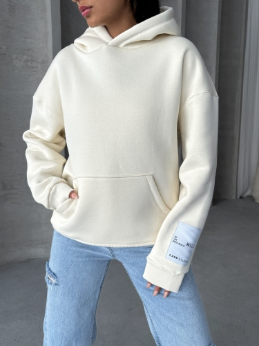 SWT-14274 Ekru Kol Etiket Detaylı Kapüşonlu Üç İplik Şardonlu Sweatshirt - 3