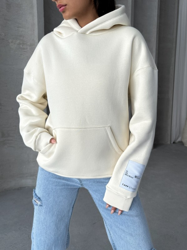 SWT-14274 Ekru Kol Etiket Detaylı Kapüşonlu Üç İplik Şardonlu Sweatshirt - 3