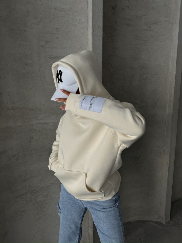 SWT-14274 Ekru Kol Etiket Detaylı Kapüşonlu Üç İplik Şardonlu Sweatshirt - 1