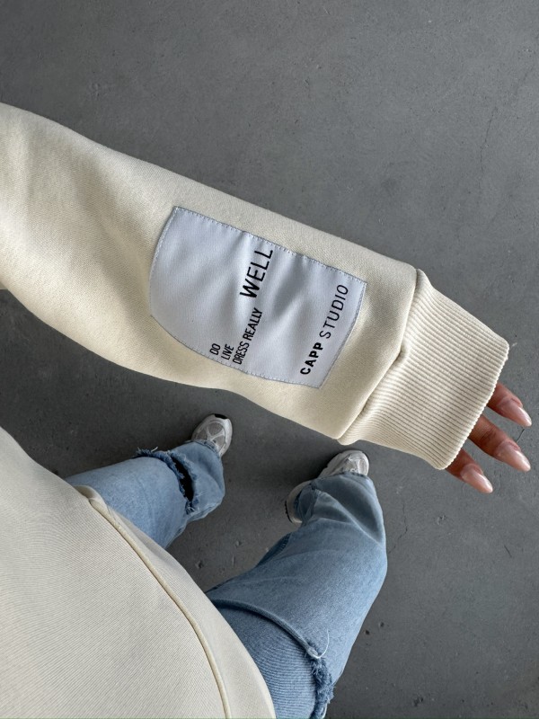 SWT-14274 Ekru Kol Etiket Detaylı Kapüşonlu Üç İplik Şardonlu Sweatshirt - 2