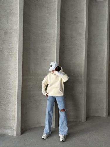 SWT-14274 Ekru Kol Etiket Detaylı Kapüşonlu Üç İplik Şardonlu Sweatshirt - 5
