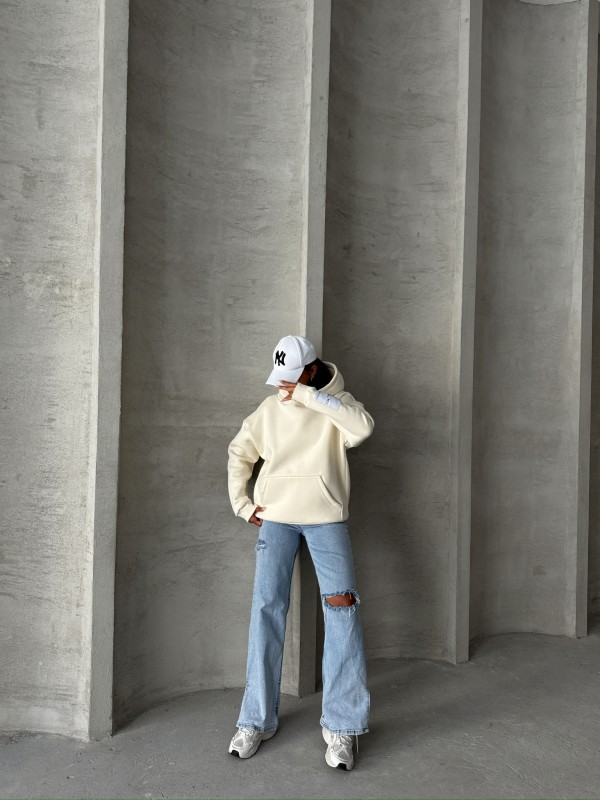 SWT-14274 Ekru Kol Etiket Detaylı Kapüşonlu Üç İplik Şardonlu Sweatshirt - 5