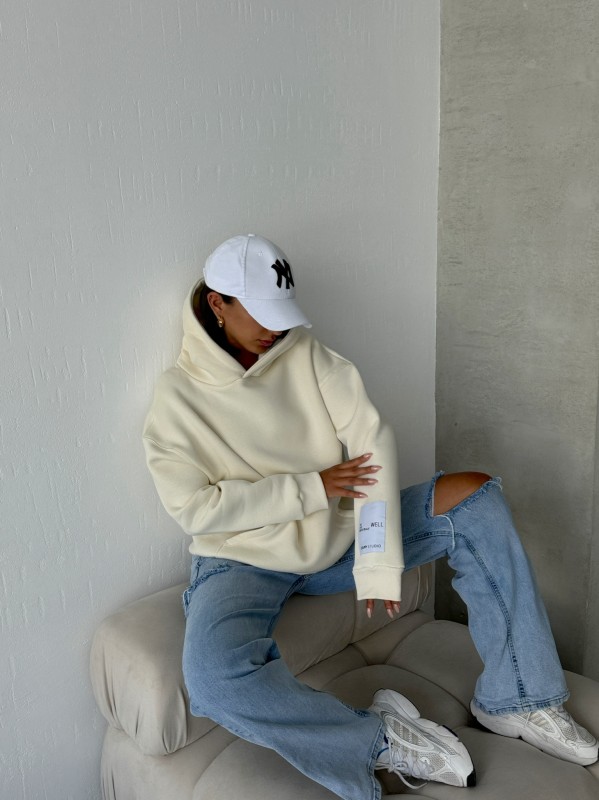 SWT-14274 Ekru Kol Etiket Detaylı Kapüşonlu Üç İplik Şardonlu Sweatshirt - 6