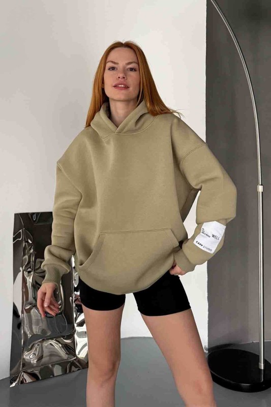 SWT-14274 Haki Kol Etiket Detaylı Kapüşonlu Üç İplik Şardonlu Sweatshirt - 1