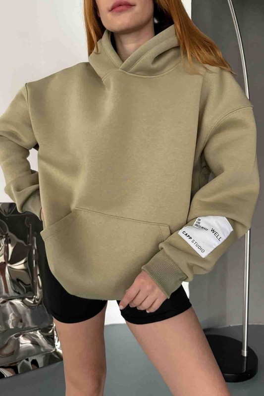 SWT-14274 Haki Kol Etiket Detaylı Kapüşonlu Üç İplik Şardonlu Sweatshirt - 2