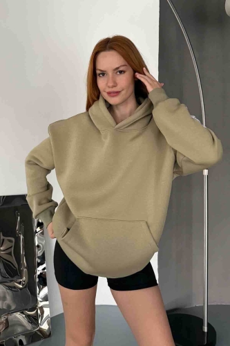 SWT-14274 Haki Kol Etiket Detaylı Kapüşonlu Üç İplik Şardonlu Sweatshirt - 3