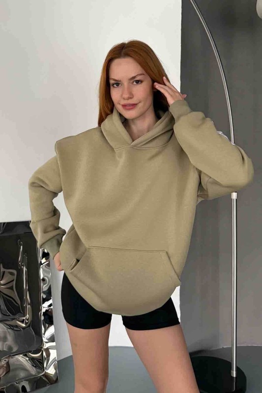 SWT-14274 Haki Kol Etiket Detaylı Kapüşonlu Üç İplik Şardonlu Sweatshirt - 3