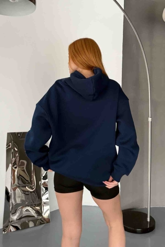SWT-14274 Lacivert Kol Etiket Detaylı Kapüşonlu Üç İplik Şardonlu Sweatshirt - 3
