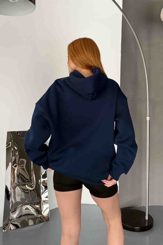 SWT-14274 Lacivert Kol Etiket Detaylı Kapüşonlu Üç İplik Şardonlu Sweatshirt - 3