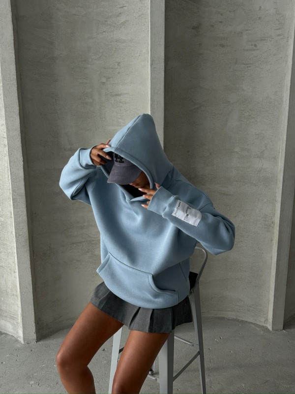 SWT-14274 Mavi Kol Etiket Detaylı Kapüşonlu Üç İplik Şardonlu Sweatshirt - 3