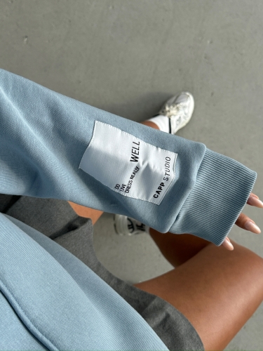 SWT-14274 Mavi Kol Etiket Detaylı Kapüşonlu Üç İplik Şardonlu Sweatshirt - 2