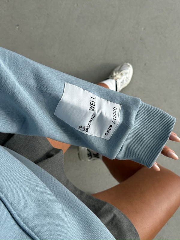 SWT-14274 Mavi Kol Etiket Detaylı Kapüşonlu Üç İplik Şardonlu Sweatshirt - 2