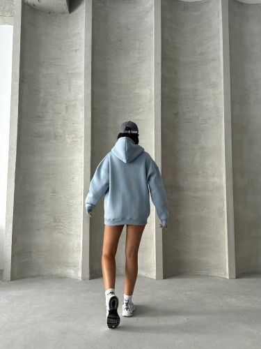 SWT-14274 Mavi Kol Etiket Detaylı Kapüşonlu Üç İplik Şardonlu Sweatshirt - 8