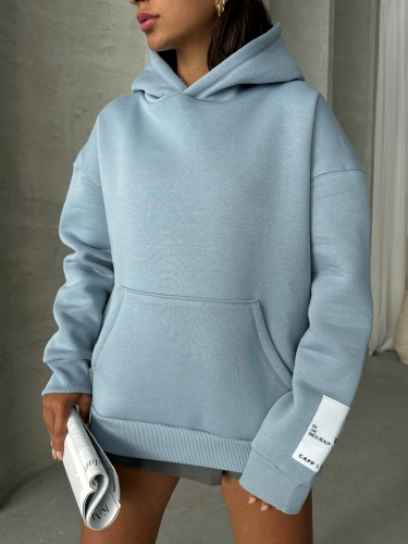SWT-14274 Mavi Kol Etiket Detaylı Kapüşonlu Üç İplik Şardonlu Sweatshirt - 4
