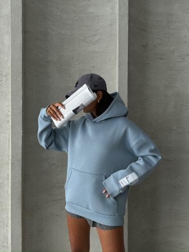 SWT-14274 Mavi Kol Etiket Detaylı Kapüşonlu Üç İplik Şardonlu Sweatshirt 