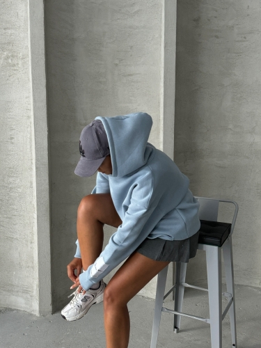 SWT-14274 Mavi Kol Etiket Detaylı Kapüşonlu Üç İplik Şardonlu Sweatshirt - 5