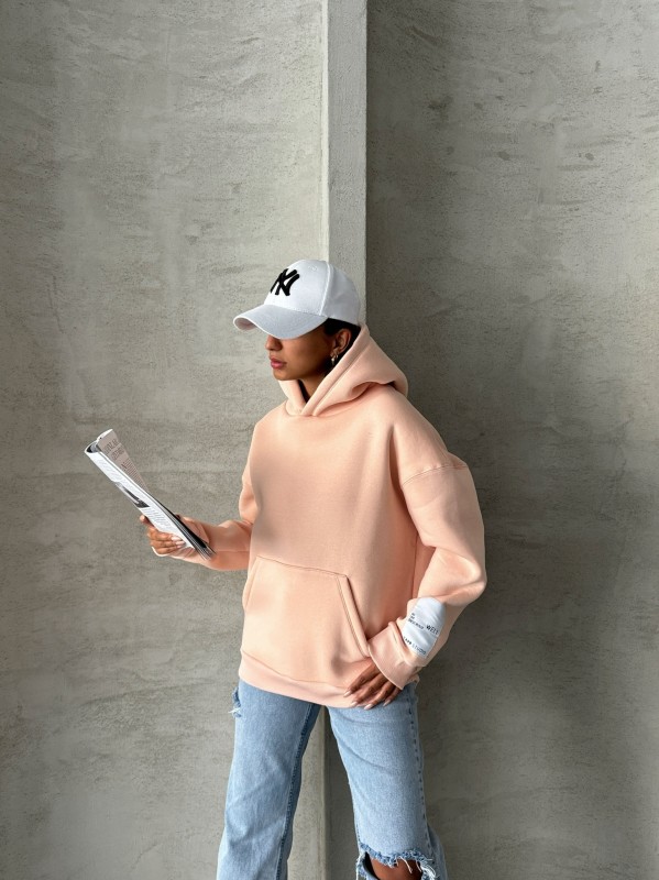 SWT-14274 Pudra Kol Etiket Detaylı Kapüşonlu Üç İplik Şardonlu Sweatshirt - 1