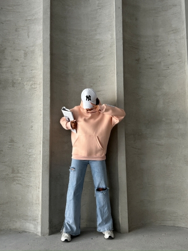 SWT-14274 Pudra Kol Etiket Detaylı Kapüşonlu Üç İplik Şardonlu Sweatshirt - 4