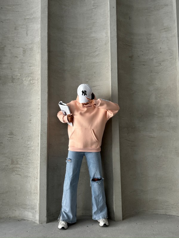 SWT-14274 Pudra Kol Etiket Detaylı Kapüşonlu Üç İplik Şardonlu Sweatshirt - 4