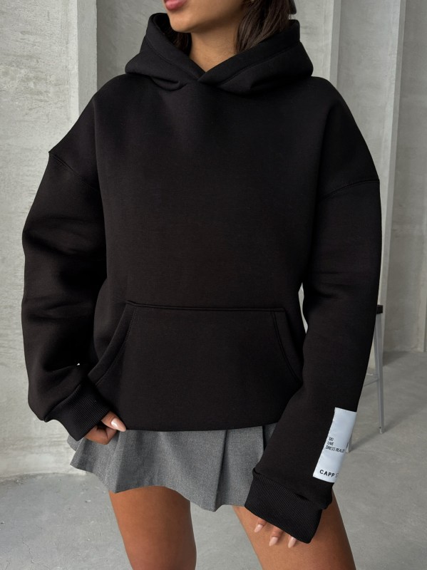 SWT-14274 Siyah Kol Etiket Detaylı Kapüşonlu Üç İplik Şardonlu Sweatshirt - 2
