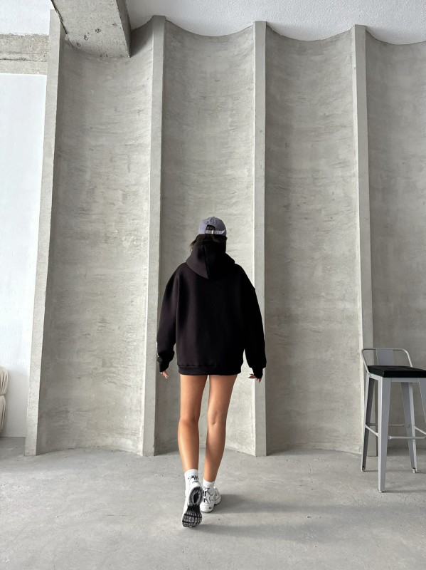 SWT-14274 Siyah Kol Etiket Detaylı Kapüşonlu Üç İplik Şardonlu Sweatshirt - 8