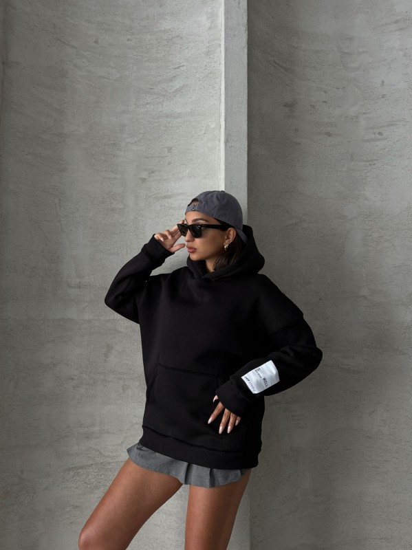 SWT-14274 Siyah Kol Etiket Detaylı Kapüşonlu Üç İplik Şardonlu Sweatshirt - 4