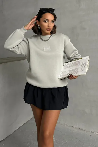 SWT-14275 Boyama Gri Bring To Me Life Yazı Kabartma Baskılı Üç İplik Şardonlu Sweatshirt 