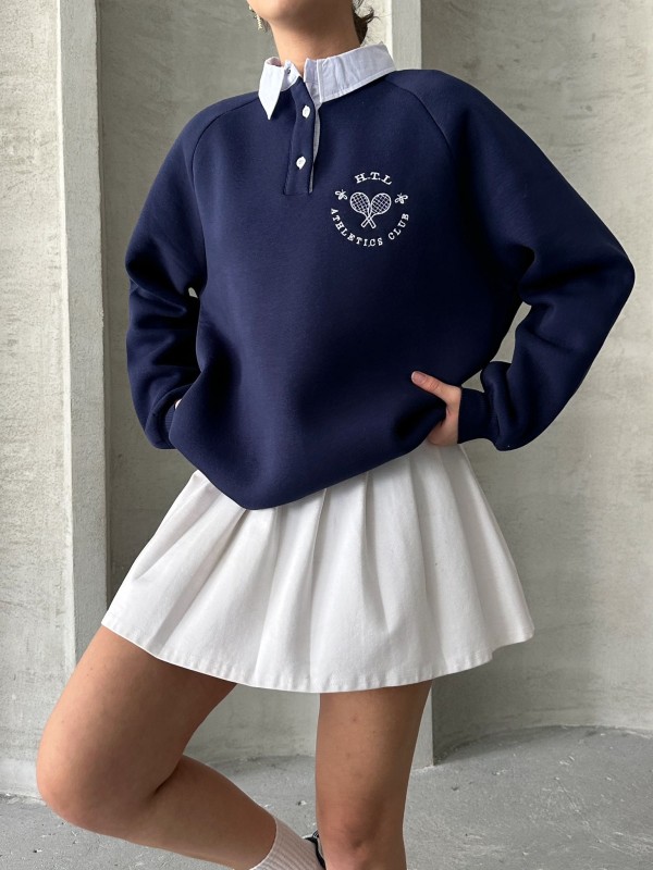 SWT-14276 Lacivert Gömlek Yaka Raket Nakışlı Üç İplik Şardonlu Oversize Sweatshirt - 1