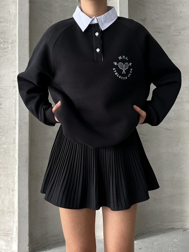 SWT-14276 Siyah Gömlek Yaka Raket Nakışlı Üç İplik Şardonlu Oversize Sweatshirt 