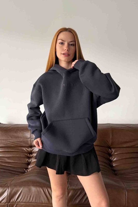 SWT-14277 Füme Affection Yazı Baskılı Kapüşonlu Üç İplik Şardonlu Sweastshirt - 1