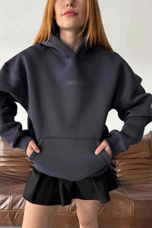 SWT-14277 Füme Affection Yazı Baskılı Kapüşonlu Üç İplik Şardonlu Sweastshirt - 2